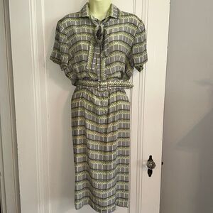 Vtg black & lime green stripe patterned silk shirtwaist dress/ necktie‎ & belt
